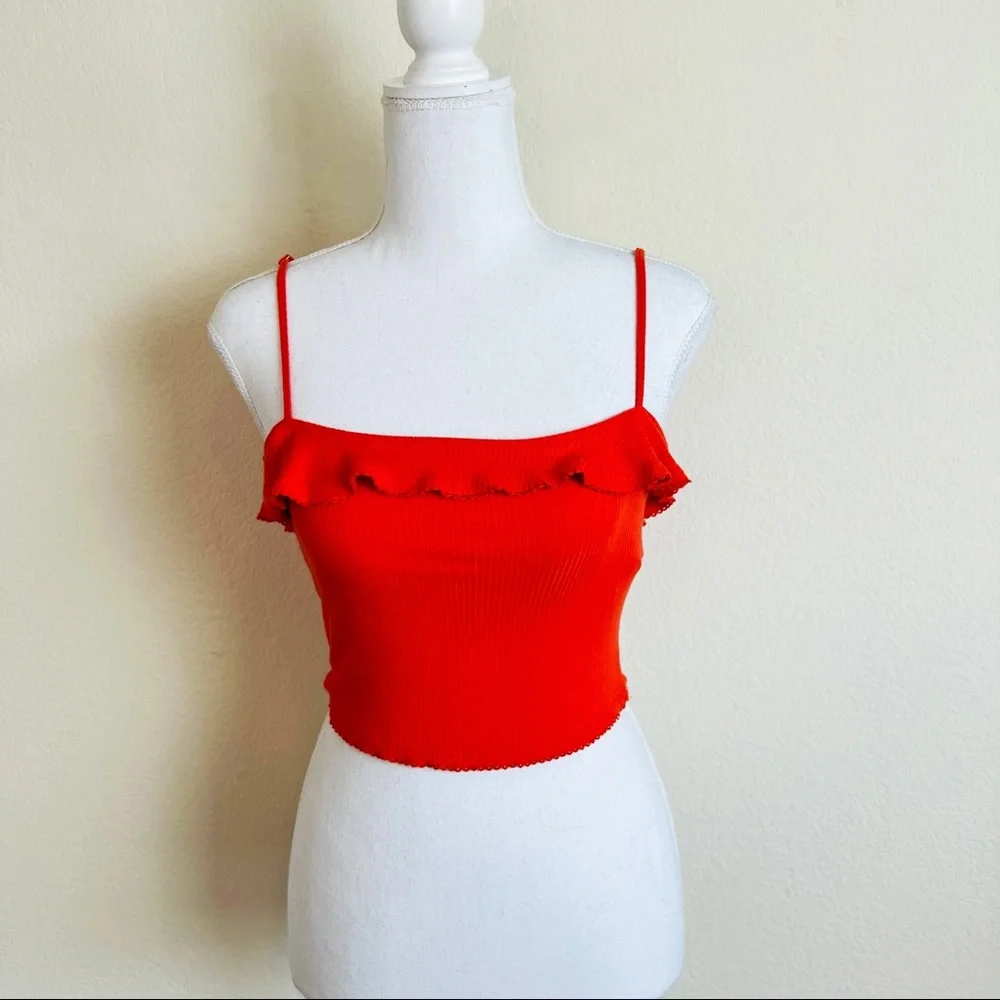 Forever 21 Orange Red Ruffle Neck Ribbed Crop Tank Top - Picture 1 of 9